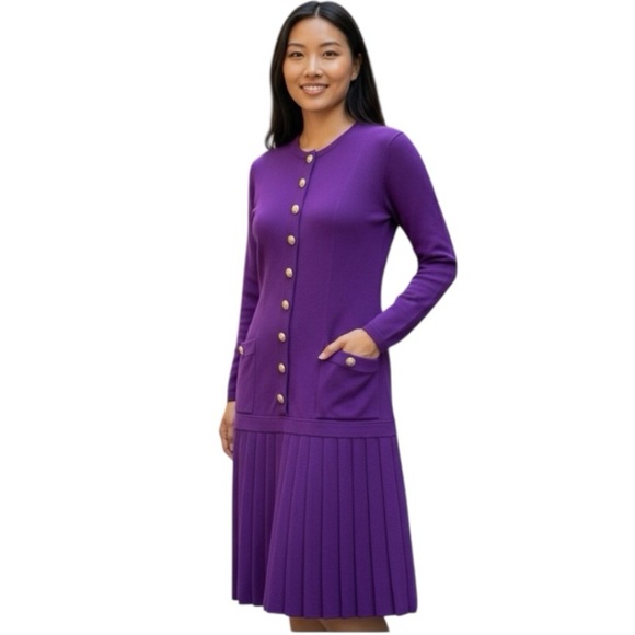 OUTLANDER Womens Vintage Purple Pleated Wool Blend Tiered Knit Midi Dress Small - Picture 1 of 13